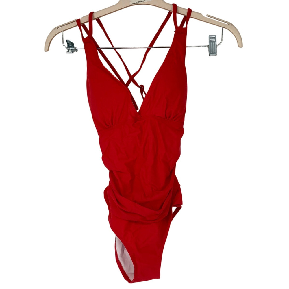 All Sure Women's Small Positive Red Lace Up Back One Piece Beach Swimsuit I16-23